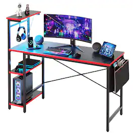 Bestier - 55inch Gaming Desk with LED Lights Storage Shelves File Pockets & Hooks Spacious RGB Gaming Table - Black & Red