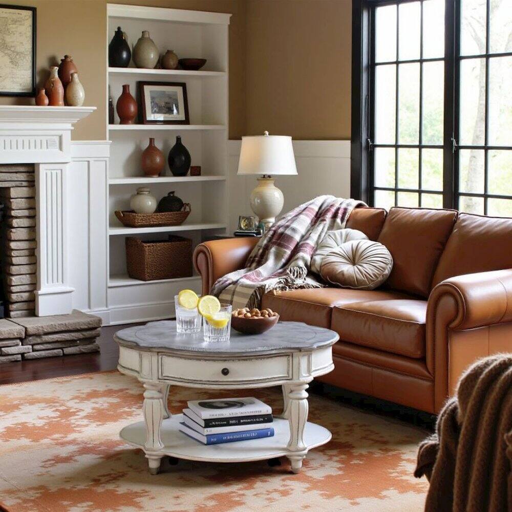 Alt View 8. Starlight Canyon Home - Antique Oval Coffee Table with Drawer And Bottom Shelf in White Finish - White.