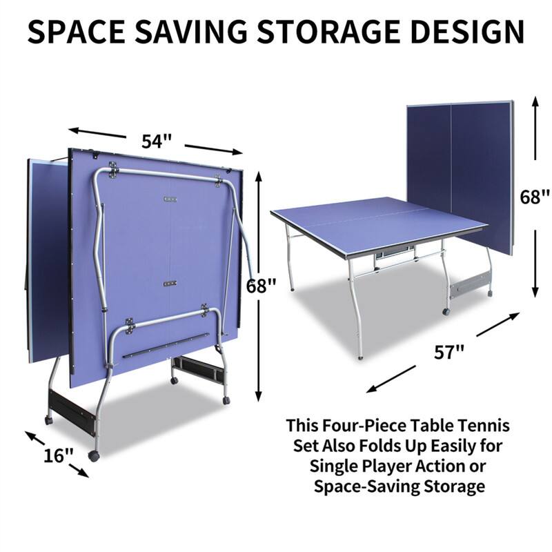 SPACE SAVING STORAGE DESIGN

54" 68" 68" 57" 16"

This Four-Piece Table Tennis Set Also Folds Up Easily for Single Player Action or Space-Saving Storage