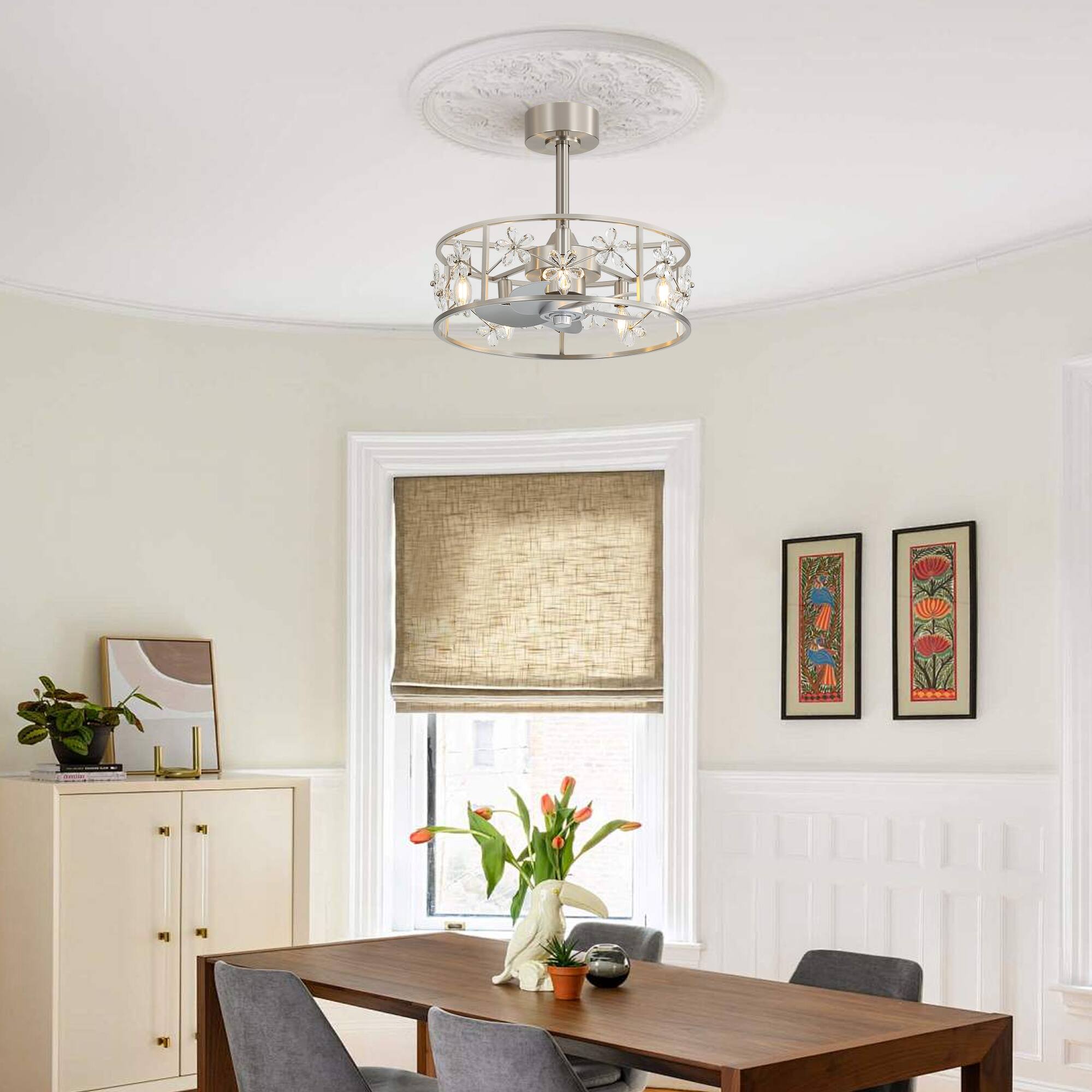 Alt View 8. Breezary - 20-Inch Crystal Cage Ceiling Fan with 5-Light Fixture, ABS Blades, Tilt-Mount Downrod, DC Motor and Remote Control - Satin Nickel and Silver.