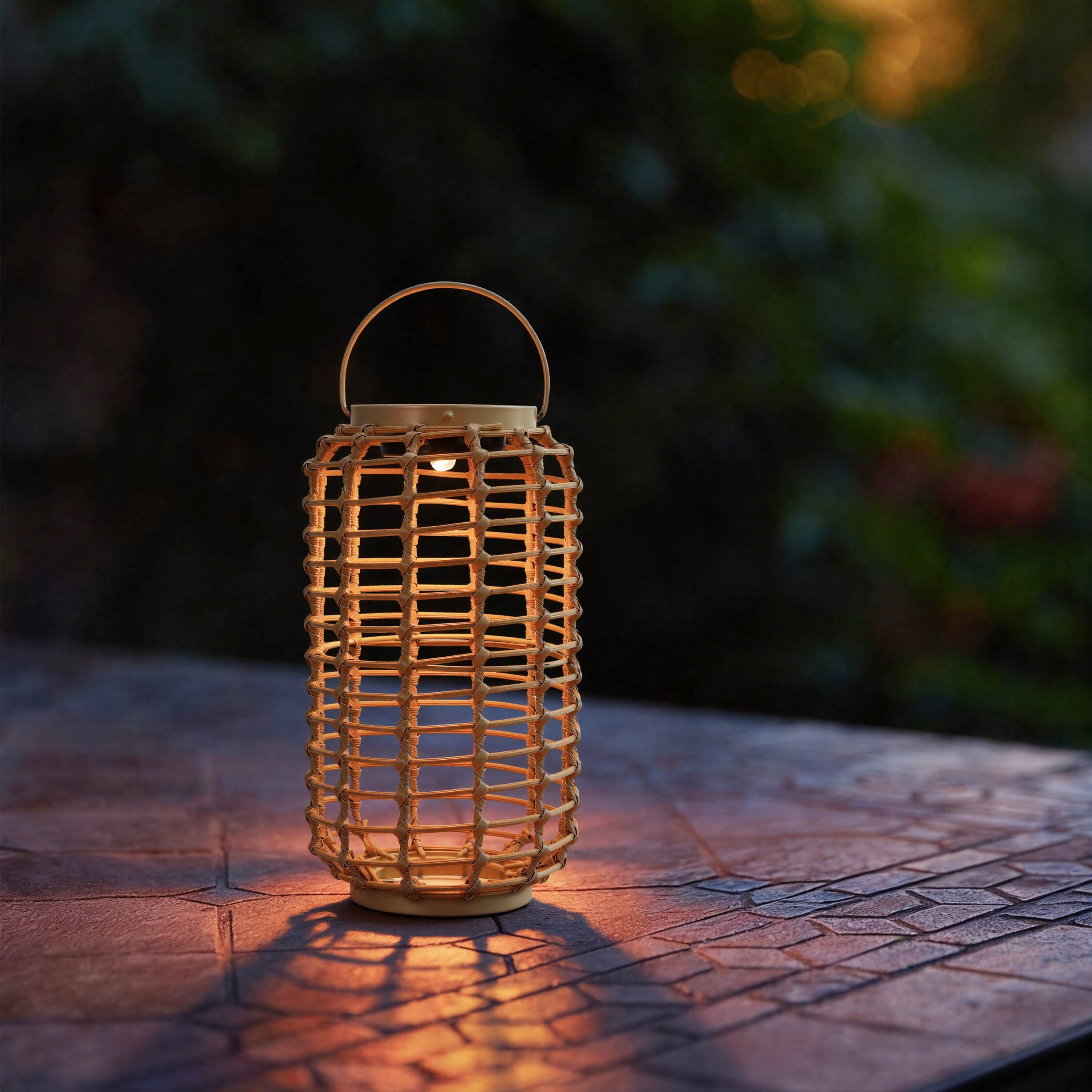 Angle. Techko - Outdoor Solar Rattan-Style Cylindrical LED Lantern with Handle.
