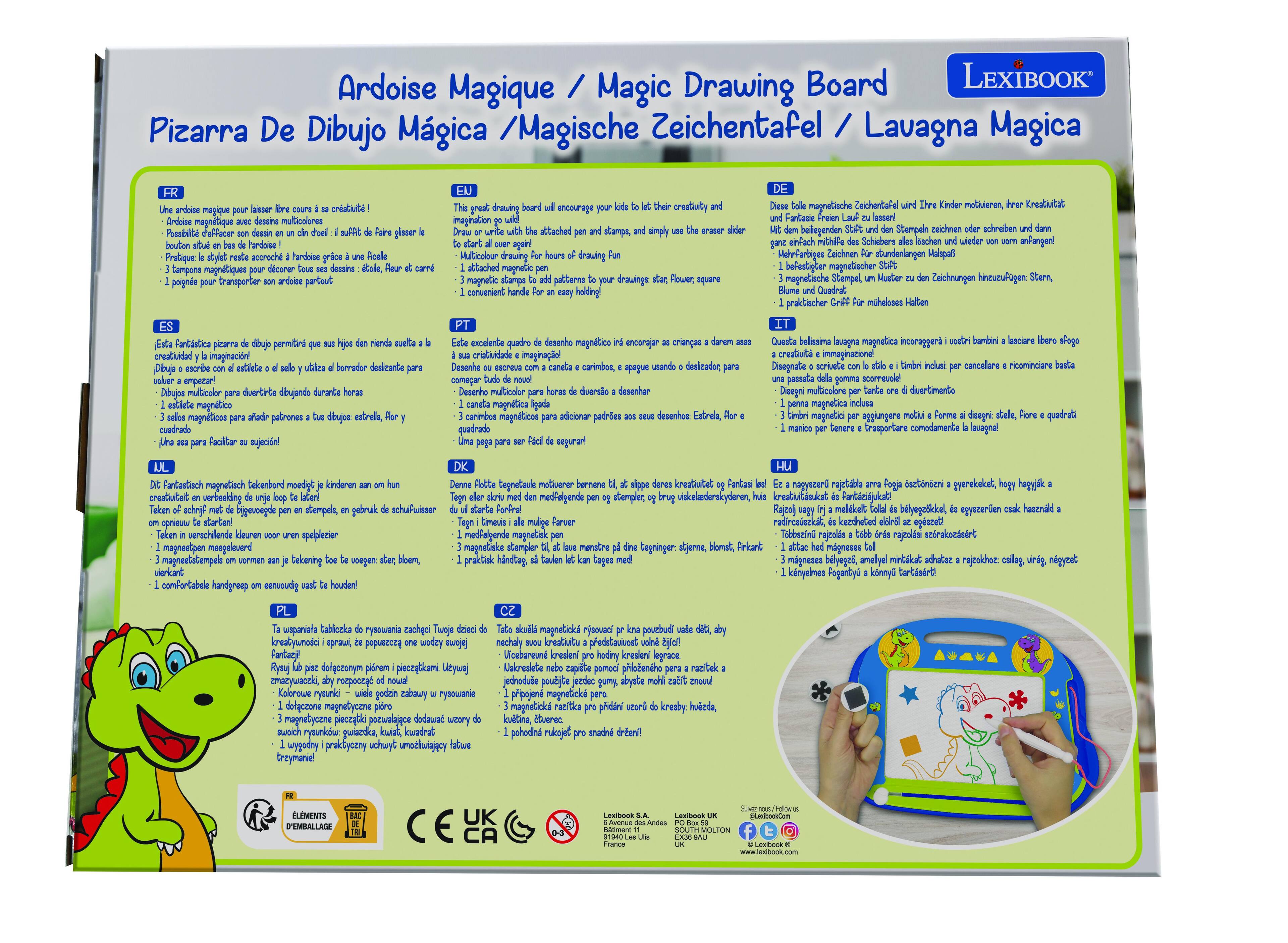 Ardoise Magique / Magic Drawing Board  
Pizarra De Dibujo Magica / Magische Zeichentafel / Lavagna Magica  

FR  
Une ardoise magique pour laisser libre cours à votre créativité !  
1. Possibilité de dessiner sur l'ardoise en un clin d'œil : suffisamment de place pour le Paire glisser le bouton situé en bas de l'ardoise !  
2. Pratique : le stylet reste accroché à l'ardoise grâce à une petite Velcro  
3. 3 Tampons magnétiques pour décorer tous vos dessins : étoile, fleur et carreau  
4. 1 poignée pour transporter l'ardoise partout  

EN  
This fantastic drawing board will encourage your kids to let their creativity and imagination flow!  
1. Draw or write with the attached pen and stamps, and simply use the eraser slider to start all over again!  
2. 3 attached magnetic pens for drawing for hours of drawing fun  
3. 3 magnetic stamps to add patterns to your drawings : star, flower, square  
4. Convenient handle for an easy holding  

DE  

