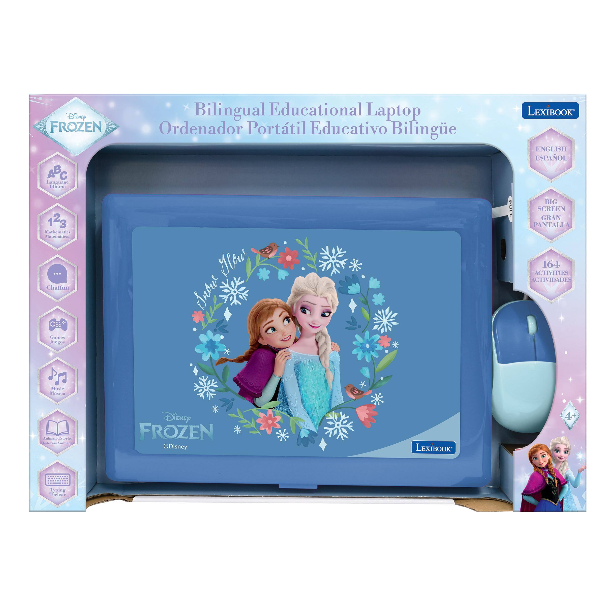 Disney FROZEN APC Language Idiorna  
Bilingual Educational Laptop Ordenador Portátil Educativo Bilingüe  
LEXIBOOK ENGLISH ESPAÑOL  
123 Mathemation Matemáticas  
BIG SCREEN GRAN PANTALLA  
... Chatfun  
164 ACTIVITIES ACTIVIDADES  
Games Juegos  
Music Música  
Animated Stories Cuentos Animados  
Disney FROZEN  
LEXIBOOK  
Isping Tockar