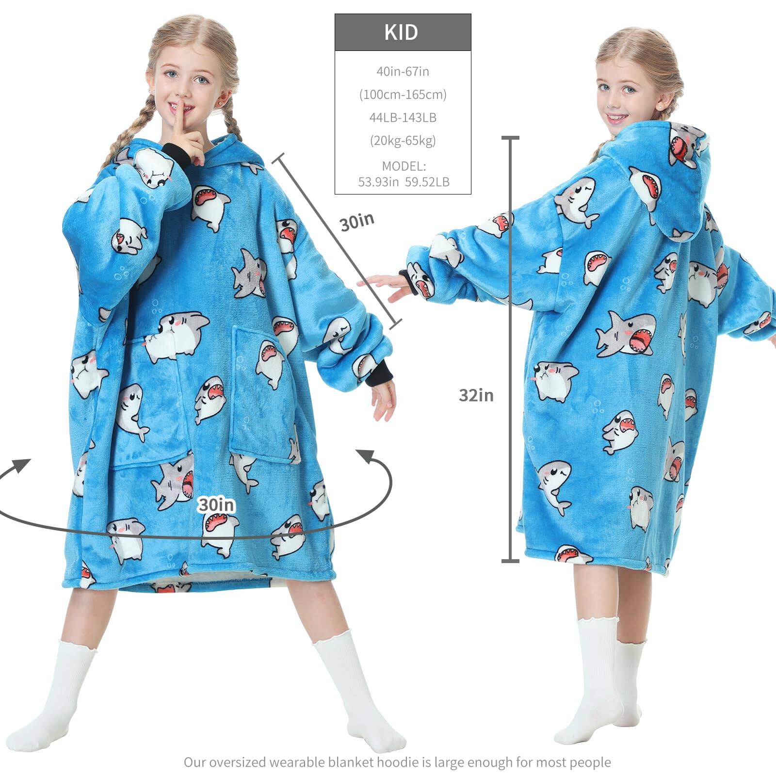KID  
40in-67in (100cm-165cm)  
44LB-143LB (20kg-65kg)  
MODEL: 53.93in 59.52LB  
30in 32in 30in  

Our oversized wearable blanket hoodie is large enough for most people