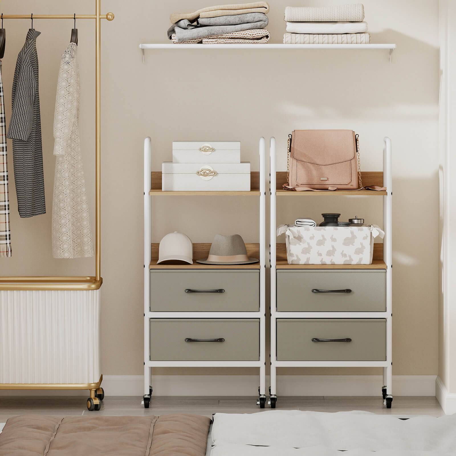 Alt View 1. Costway - Costway 2 PCS Rolling Utility Storage Cart with 2 Open Shelves 2 Fabric Drawers for Bedroom - Natural, Gray, White.