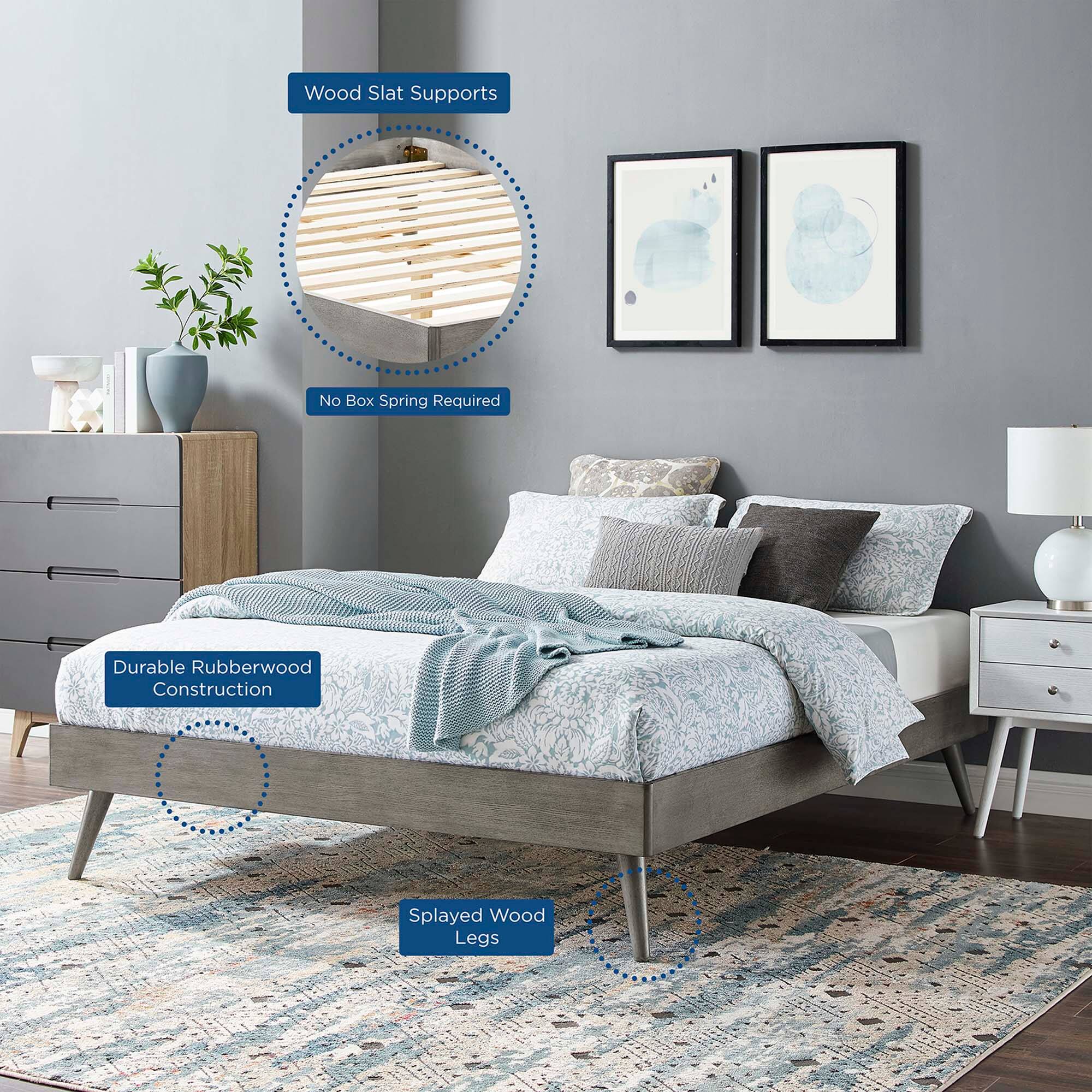 - Wood Slat Supports
- No Box Spring Required
- Durable Rubberwood Construction
- Splayed Wood Legs