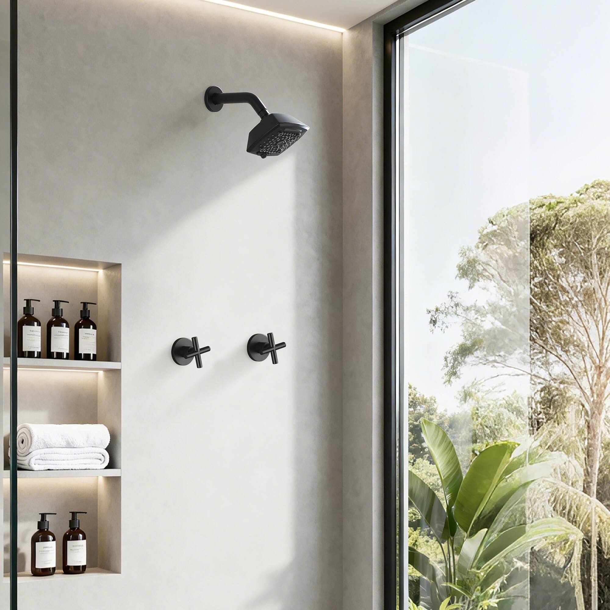 Alt View 1. Boyel Living - Matte Black Shower Set Brass SUS304 Dual Handle 5-Function ABS Top Spray 1/2NPT - Matte Black.