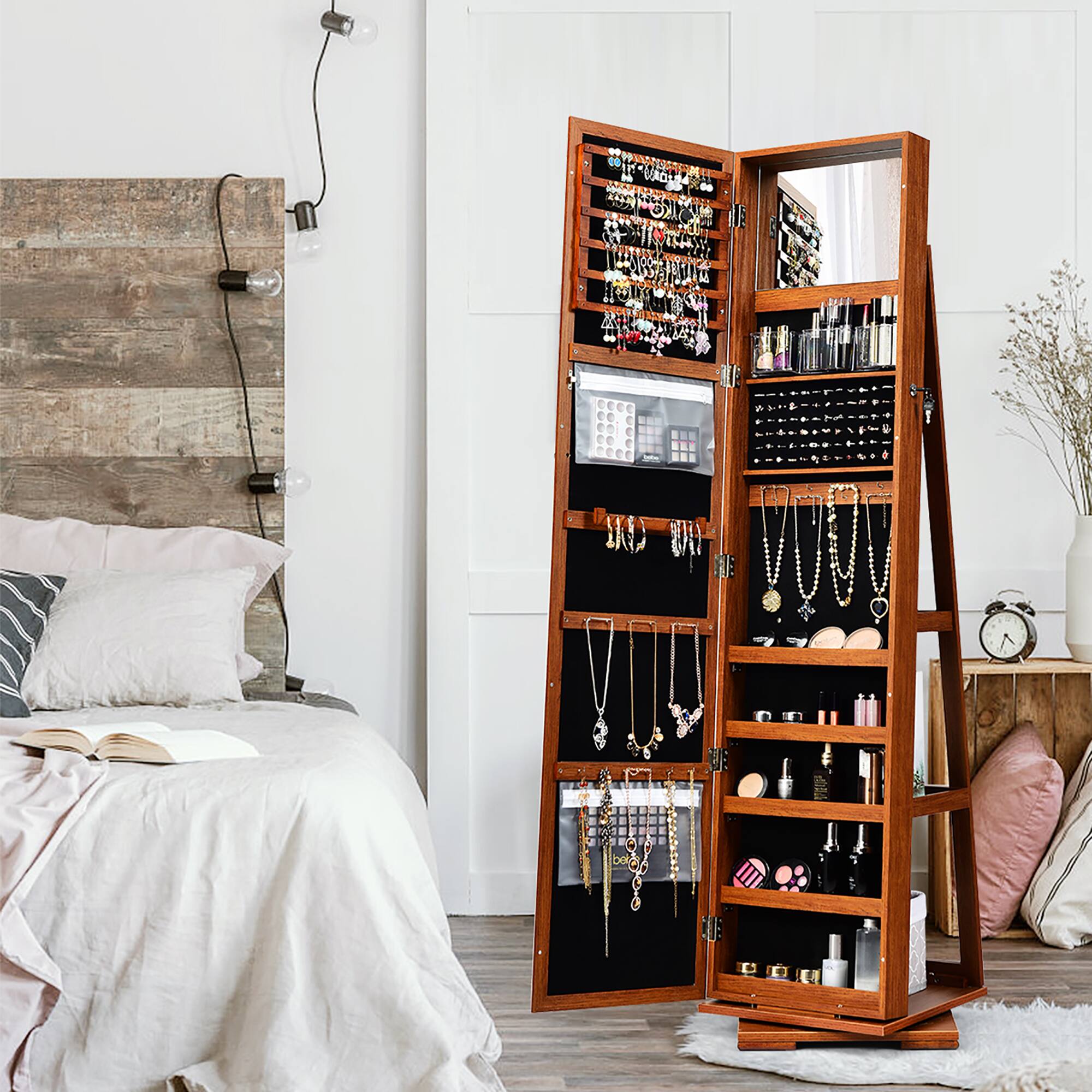 Alt View 12. Costway - 360degree Rotatable Jewelry Cabinet 2-in-1 Lockable Mirrored Organizer Brown - Brown.