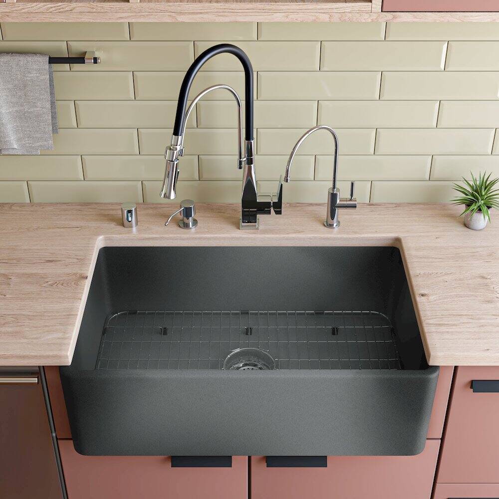 Alt View 1. Alfi - Concrete Color 33 inch Reversible Single Fireclay Farmhouse Kitchen Sink - Concrete.