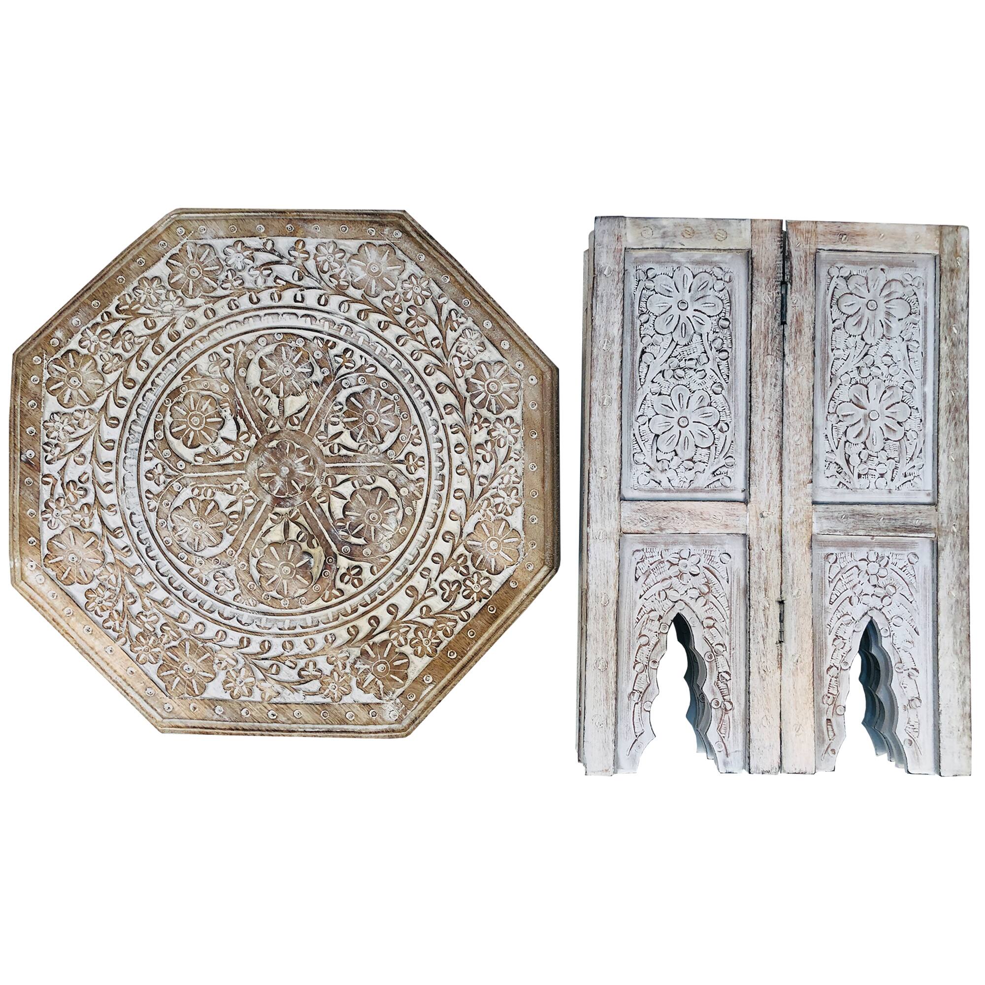 Alt View 3. Manhattan Lane - 18 Inch Handcrafted Farmhouse Side Table, Engraved Carved Design, Mango Wood, Octagonal Top - Brown.