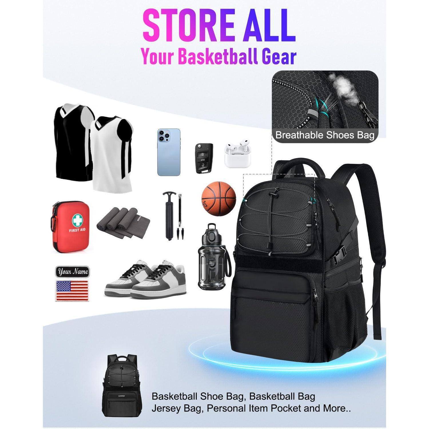 Left. Cozy Serene - Basketball Bag Backpack With Ball Holder Shoes Compartment  Large Accessories Sports - White.