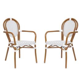 Emma + Oliver - Colmar Set of Two Indoor/Outdoor Stacking Thonet Bistro Style Chairs with Arms, PE Rattan Seat and Metal Frame - White & Gray/Natural Frame