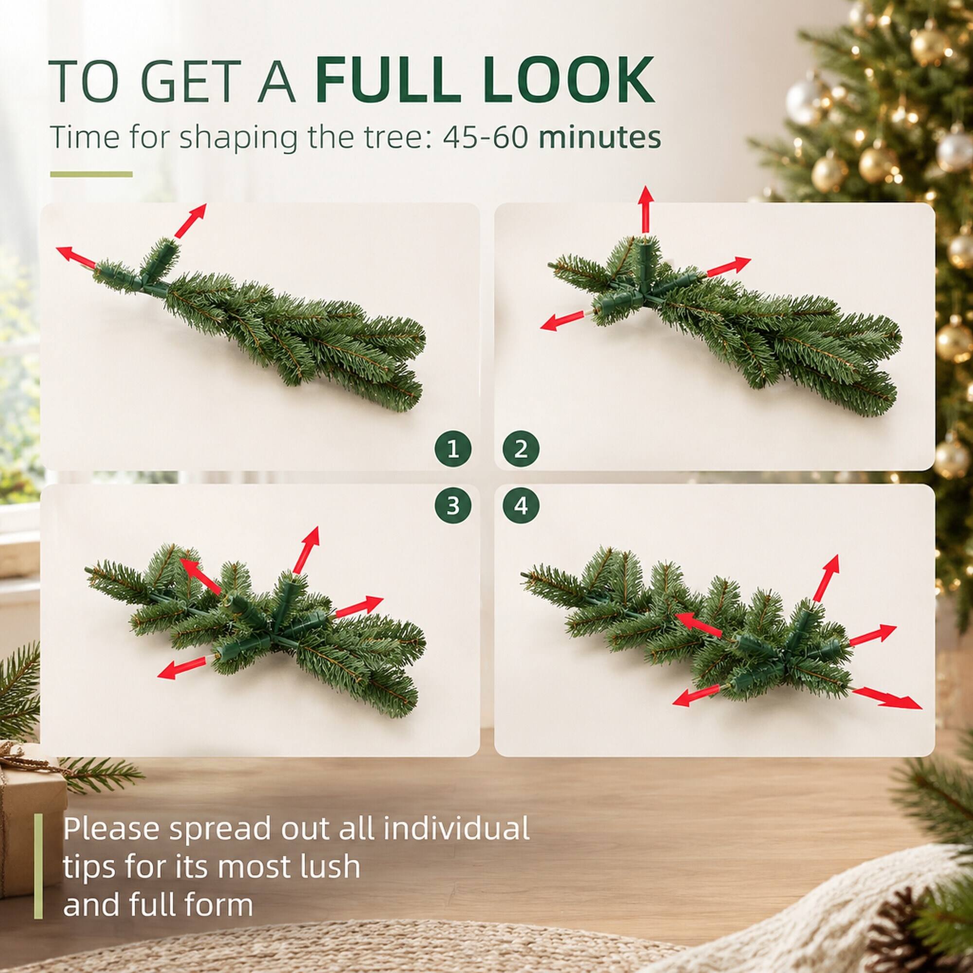 TO GET A FULL LOOK  
Time for shaping the tree: 45-60 minutes

1  
2  
3  
4

Please spread out all individual tips for its most lush and full form