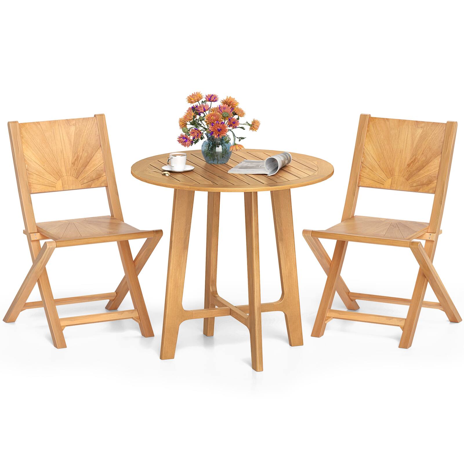 Alt View 9. Gymax - Gymax 31.5'' Patio Dining Table Round Teak Wood Dining Table w/ Slatted Tabletop Garden - Natural.