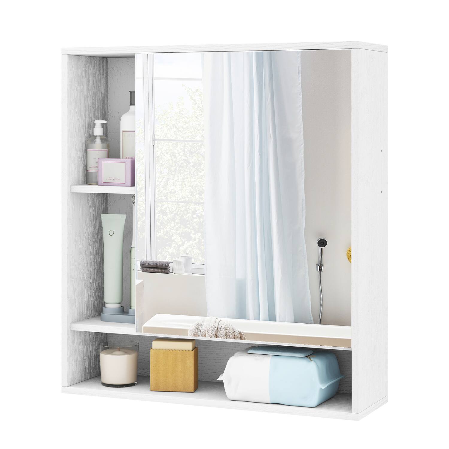 Alt View 4. WELLFOR - Wall-Mounted Bathroom Cabinet with Mirror Door, Adjustable Shelf and Open Storage - White.