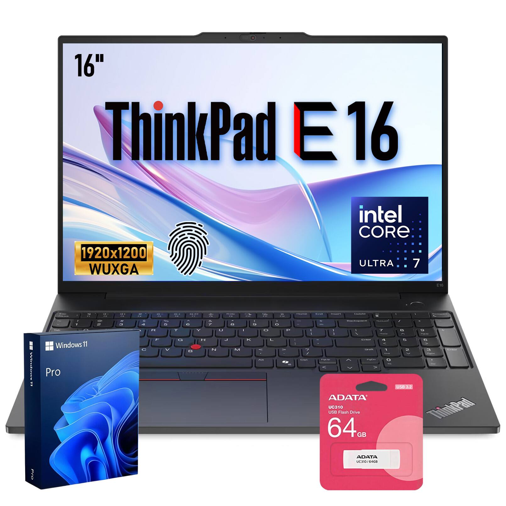 16" ThinkPad E16  
1920x1200 WUXGA  
Intel Core Ultra 7  
Windows 11 Pro  
ADATA UC310 USB Flash Drive 64GB