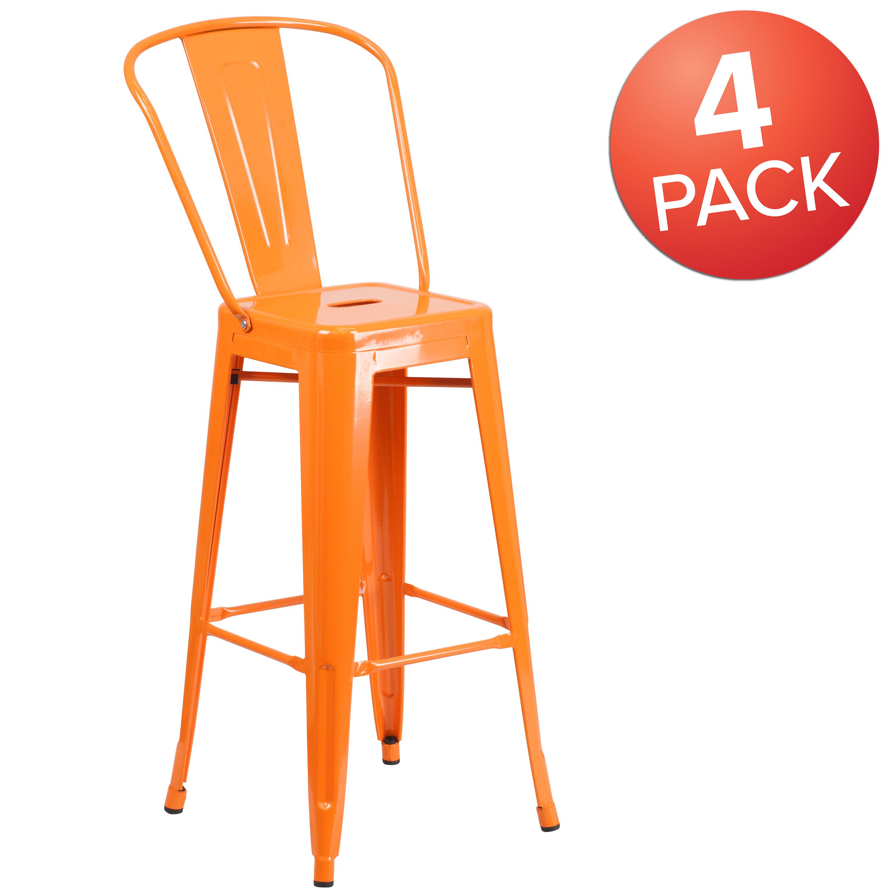 Alt View 1. Emma + Oliver - Commercial Grade 4 Pack 30" High Metal Indoor-Outdoor Barstool with Back - Orange.