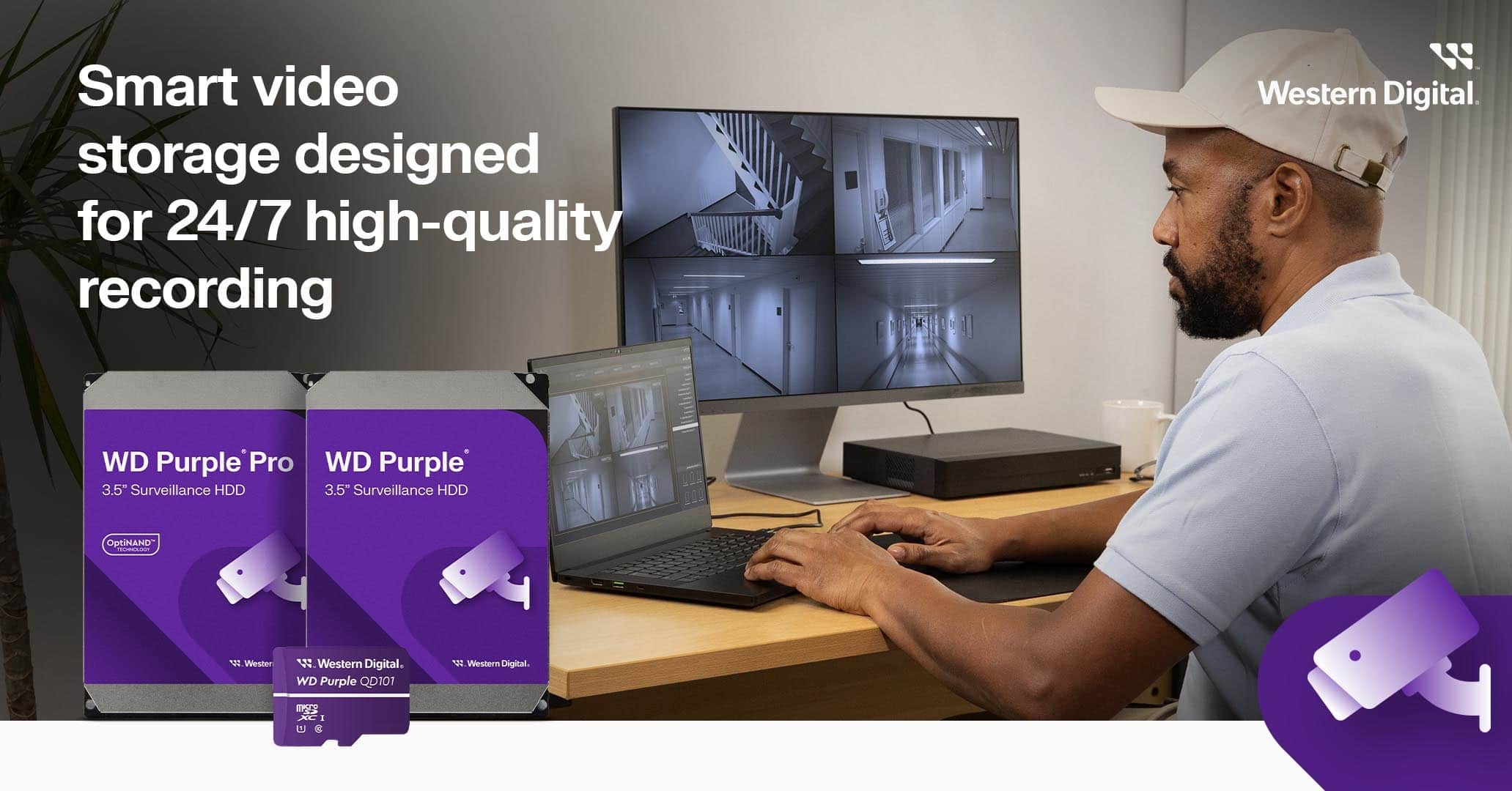 Smart video storage designed for 24/7 high-quality recording with Western Digital. WD Purple Pro 3.5" Surveillance HDD and WD Purple 3.5" Surveillance HDD are the featured products. OptiNAND EIO technology is also highlighted, along with the Western Digital brand.