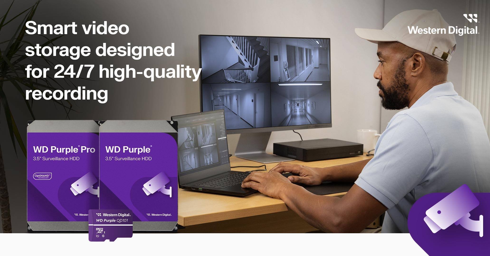 Smart video storage designed for 24/7 high-quality recording with Western Digital. WD Purple Pro 3.5" Surveillance HDD and WD Purple 3.5" Surveillance HDD are the featured products. OptiNAND EIO technology is also highlighted, along with the Western Digital brand.