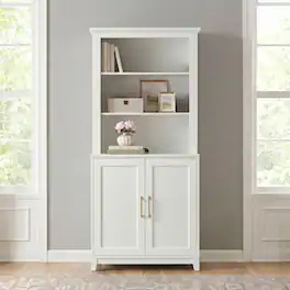 Martha Stewart - Bedford 2-Piece Modular Cabinet and Hutch Set with Premium Hardware, Open Top Shelves, Soft-Close Doors - White Frame/Gold Hardware