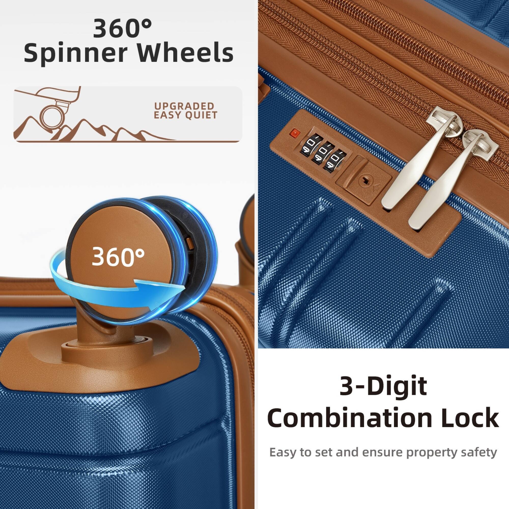 360° Spinner Wheels  
UPGRADED EASY QUIET  

360°  

3-Digit Combination Lock  
Easy to set and ensure property safety