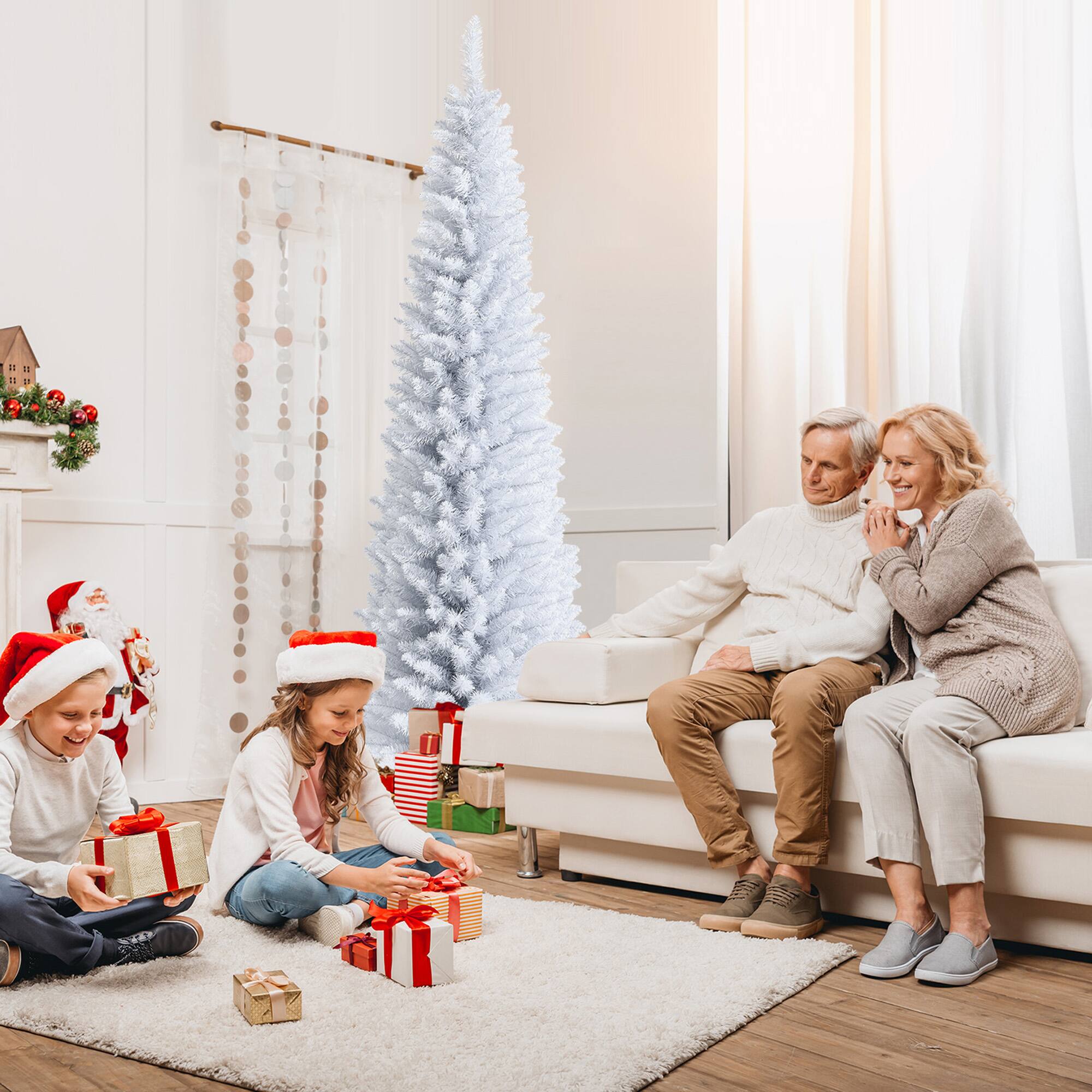 Alt View 3. Gymax - Gymax 7 FT Artificial Pencil White Christmas Tree Leafy Unlit Slim Xmas Tree - White.