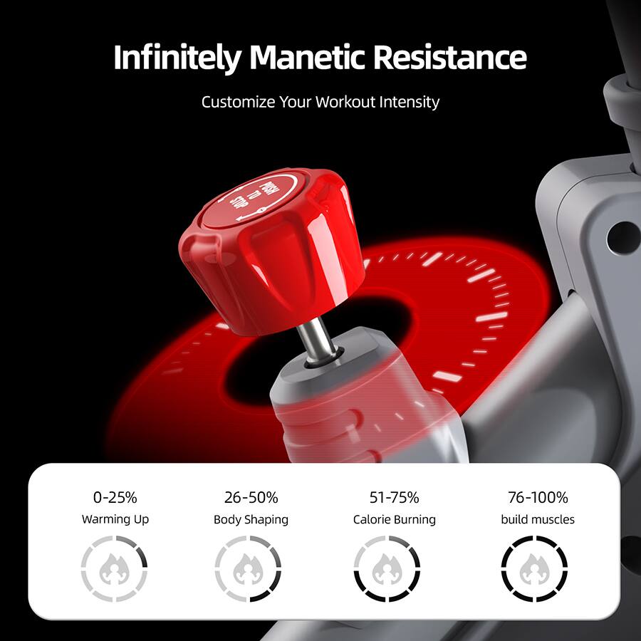 Infinitely Magnetic Resistance  
Customize Your Workout Intensity  

0-25% Warming Up  
26-50% Body Shaping  
51-75% Calorie Burning  
76-100% Build Muscles