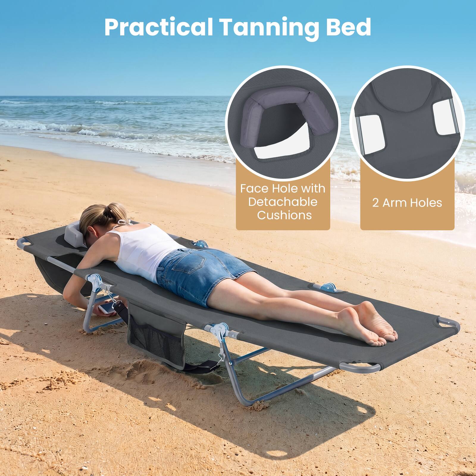 Practical Tanning Bed

Face Hole with Detachable Cushions

2 Arm Holes