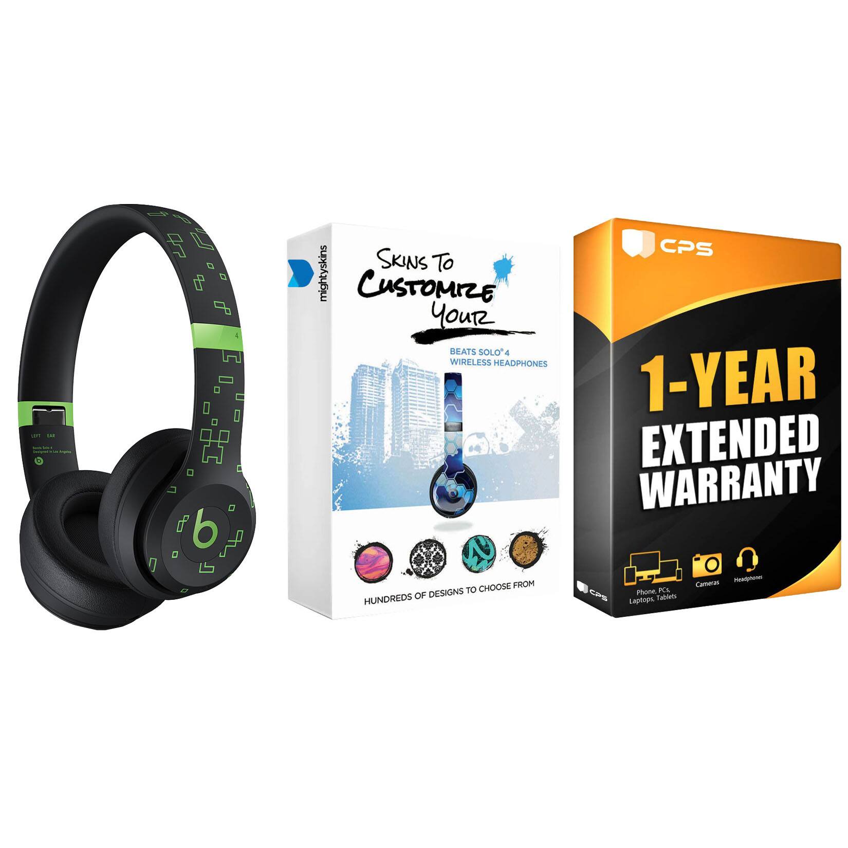 Beats - Solo 4 Bluetooth Wireless On-Ear Headphones with MightySkins Protective Skins and 1 Year Extended Warranty Bundle - Black/Green