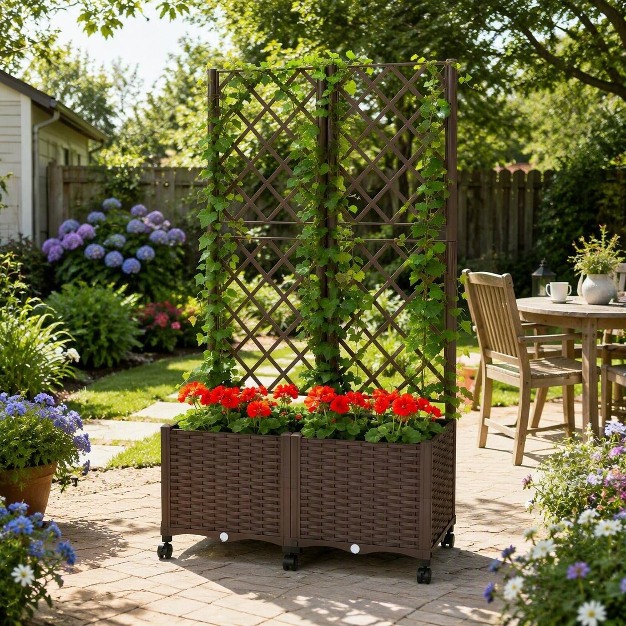 Alt View 2. RYHNUYNE - Mobile Raised Garden Bed with Trellis and Self-Watering Reservoir, Wicker Brown PP Plastic Planter on Wheels - Brown.