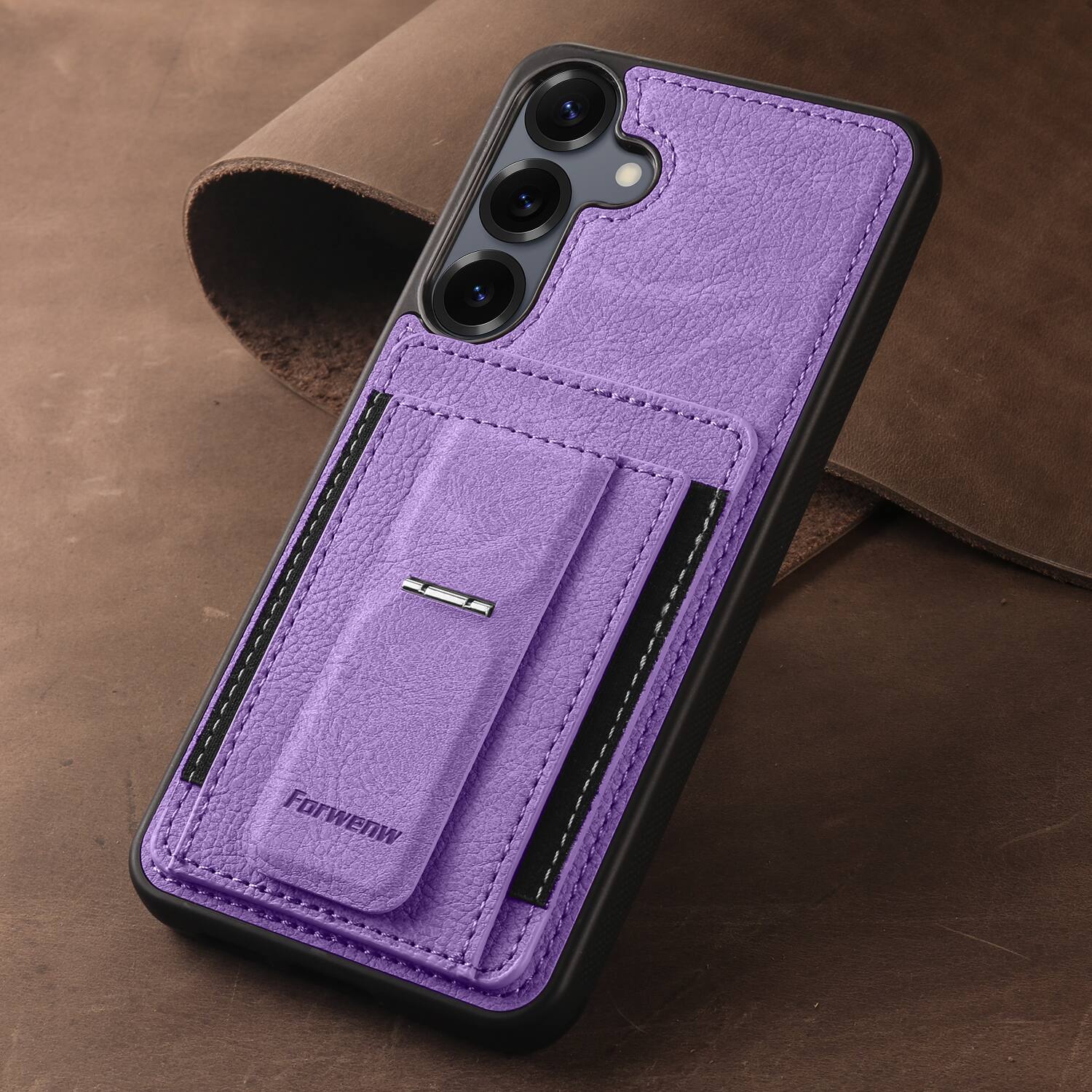 Alt View 1. Dteck - Slim Card Holder Case for Samsung Galaxy S24, Shockproof Wallet Protective Cover with Kickstand - Purple.
