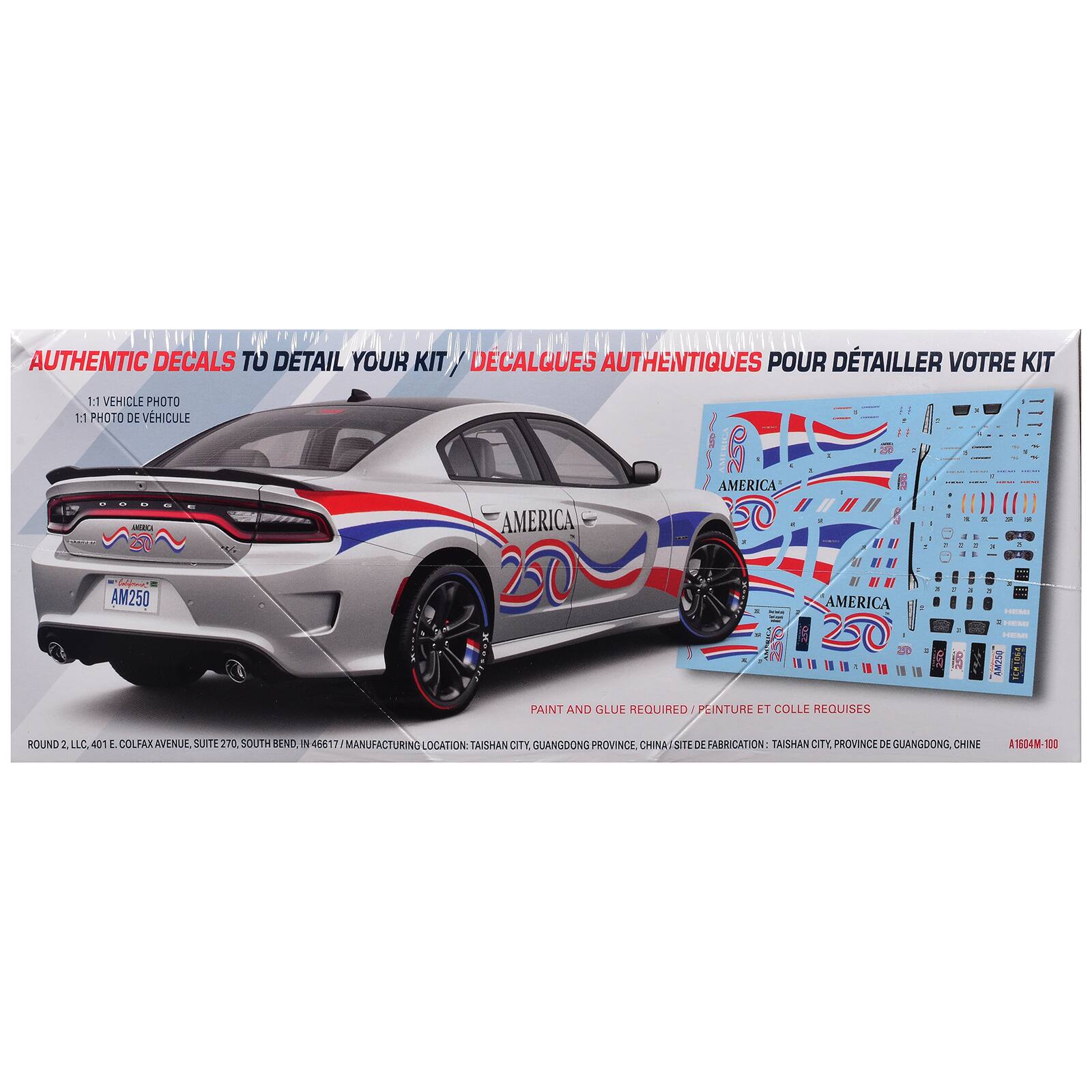 AUTHENTIC DECALS TO DETAIL YOUR KIT / DECALQUES AUTHENTIQUES POUR DÉTAILLER VOTRE KIT

1:1 VEHICLE PHOTO / 1:1 PHOTO DE VÉHICULE

AMERICA

AMERICA

AMERICA

Calipore: AM250

AMERICA PAINT AND GLUE REQUIRED / PEINTURE ET COLLE REQUISES

HEMI AM250 TCH1064

ROUND 2, LLC, 401 E. COLFAX AVENUE, SUITE 270, SOUTH BEND, IN 46617 / MANUFACTURING LOCATION: TAISHAN CITY, GUANGDONG PROVINCE, CHINA / SITE DE FABRICATION: TAISHAN CITY, PROVINCE DE GUANGDONG, CHINE

A1604M-100
