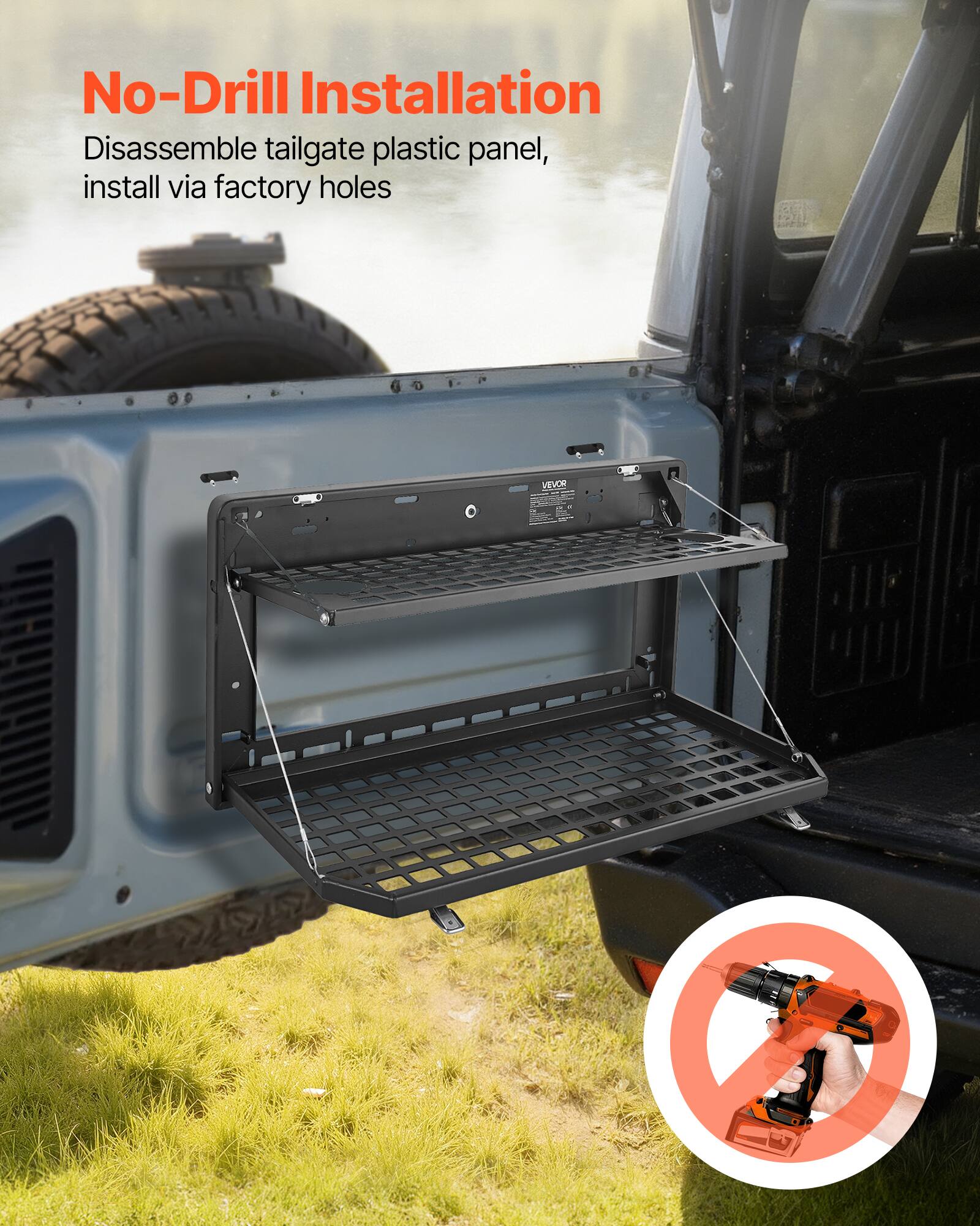 No-Drill Installation  
Disassemble tailgate plastic panel, install via factory holes