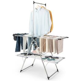 Costway - Large Foldable Clothes Drying Rack 2-tier Laundry Drying Rack w/ Tall Hanging Bar Height Adjustable - Silver