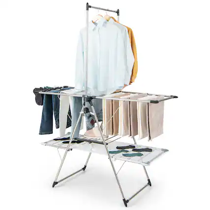 Front. Costway - Costway Large Foldable Clothes Drying Rack 2-tier Laundry Drying Rack w/ Tall Hanging Bar Height Adjustable - Silver.