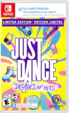 NINTENDO SWITCH
FULL GAME DOWNLOAD
TÉLÉCHARGEMENT DU JEU COMPLET
GAME CARD NOT INCLUDED! / CARTE DE JEU NON INCLUSE!
LIMITED EDITION
ÉDITION LIMITEÉE
INCLUDES DIGITAL GAME AND THE 2000S COSMETIC PACK
INCLUT LE JEU NUMÉRIQUE ET PACK COSMÉTIQUE ANNÉES 2000
JUST DANCE
DECADES OF HITS
EVERYONE
ENFANTS et ADULTES
E
ESRB
Download required. See back.
Téléchargement nécessaire. Voir au verso.
UBISOFT