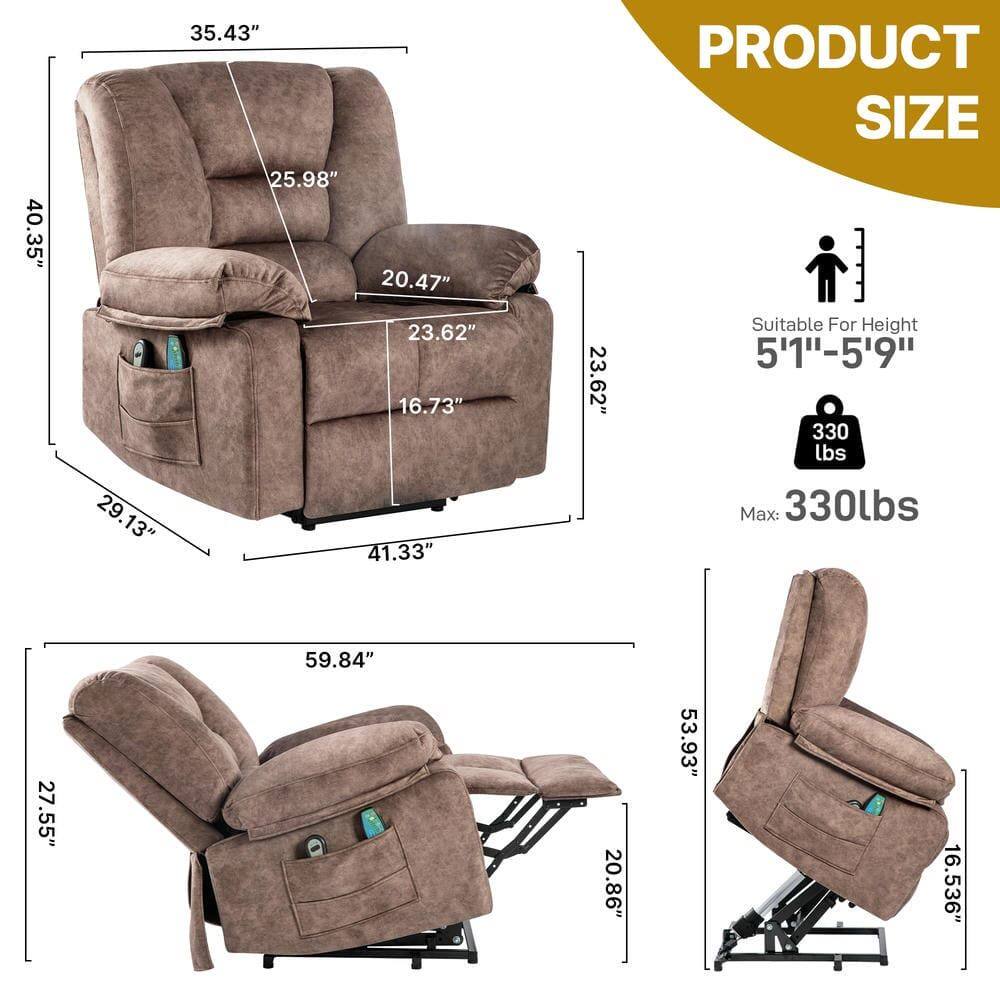 - **Product Size:**
  - 40.35" (Height)
  - 35.43" (Back Height)
  - 25.98" (Back Width)
  - 20.47" (Armrest Height)
  - 23.62" (Armrest Width)
  - 16.73" (Cup Holder Depth)
  - 29.13" (Seat Depth)
  - 41.33" (Overall Width)
  - 59.84" (Reclined Length)
  - 27.55" (Reclined Height)
  - 20.86" (Reclined Depth)
  - 53.93" (Reclined Width)
  - 16.536" (Reclined Armrest Height)

- **Suitable For Height:**
  - 5'11" - 5'9"

- **Max Weight Capacity:**
  - 330 lbs