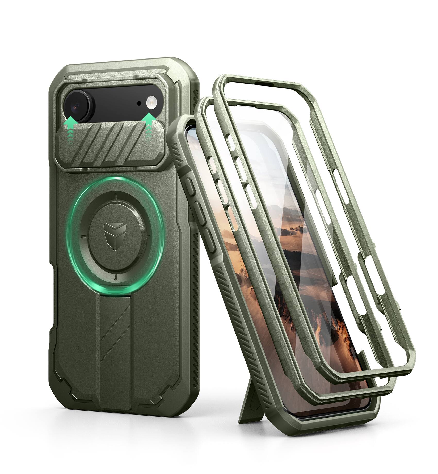 dexnor - iPhone Air Case: Camera Cover & Kickstand & Screen Protector, MagSafe, Rugged Bumper Cases - Army Green