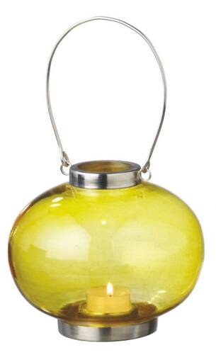 Front. Midwest - 5.5" Fancy Fair Round Silver and Yellow Retro Glass Tea Light Candle Holder Lantern - Yellow.
