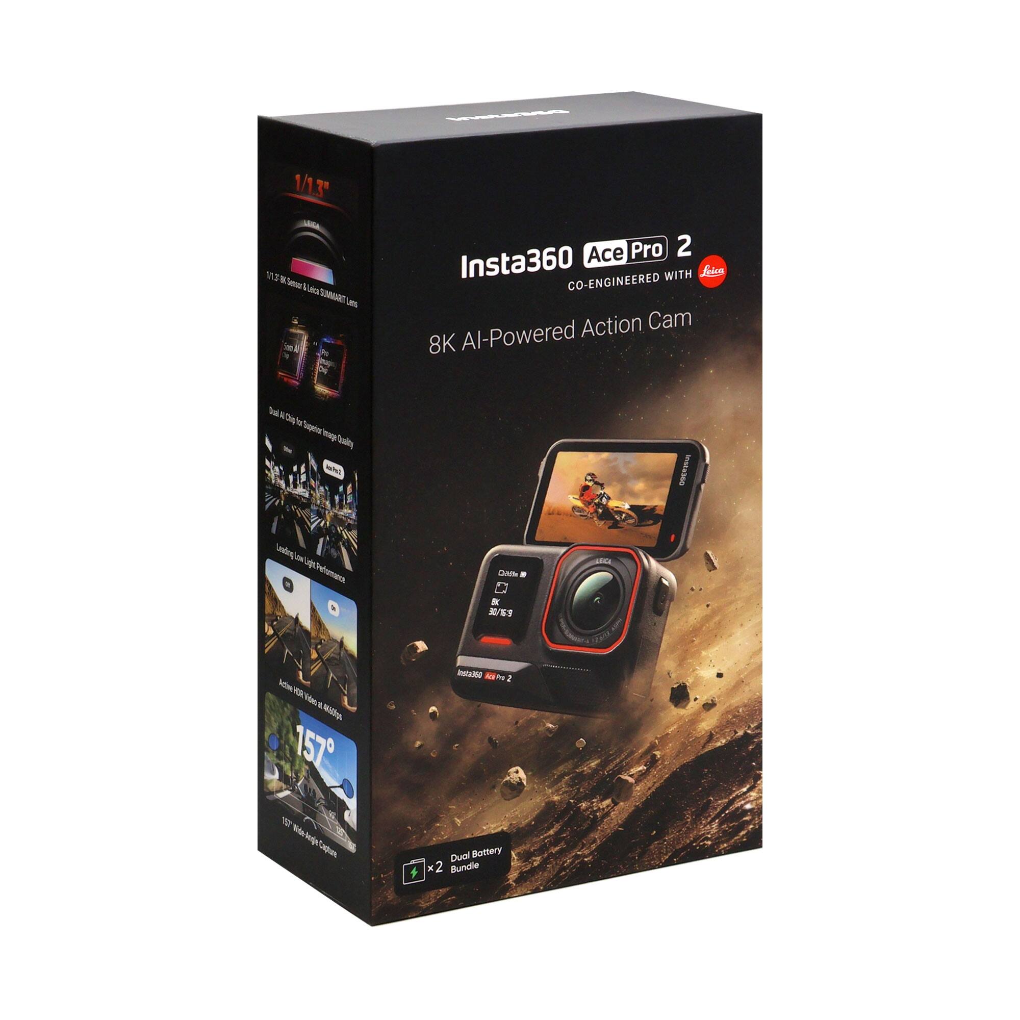 Insta360 Ace Pro 2  
CO-ENGINEERED WITH Leica  
8K AI-Powered Action Cam  

1/1.3" 11.7 MP Leica SMARTIUM Lens  
Dual AI Super Resolution Image Quality  
Leading Light Performance  
Insta360 Ace Pro 2  
157° Wide Angle Coverage  
Dual Battery  
x2 Bundle
