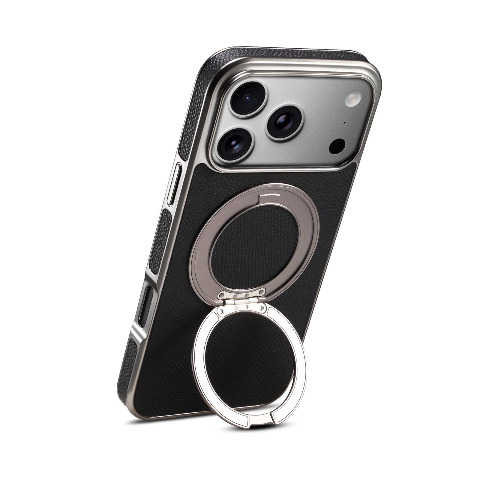 Angle. Dteck - for Apple iPhone 17 Pro Magnetic Case,Slim PU Leather Texture Cover with Metal Ring Holder,Shockproof Non-Slip Cover - Black.
