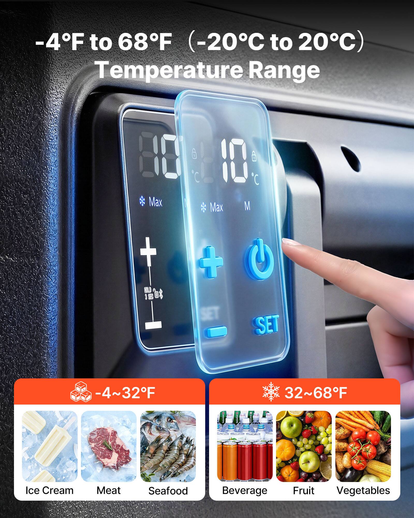 -4°F to 68°F (-20°C to 20°C) Temperature Range

-4~32°F
Ice Cream Meat Seafood

32~68°F
Beverage Fruit Vegetables