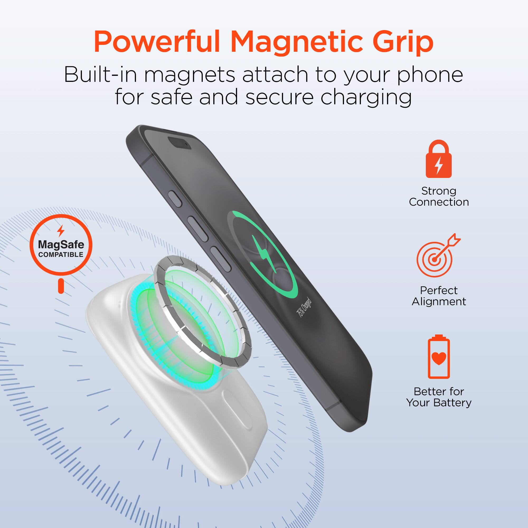 Powerful Magnetic Grip  
Built-in magnets attach to your phone for safe and secure charging  

Strong Connection  
Perfect Alignment  
Better for Your Battery  

MagSafe COMPATIBLE