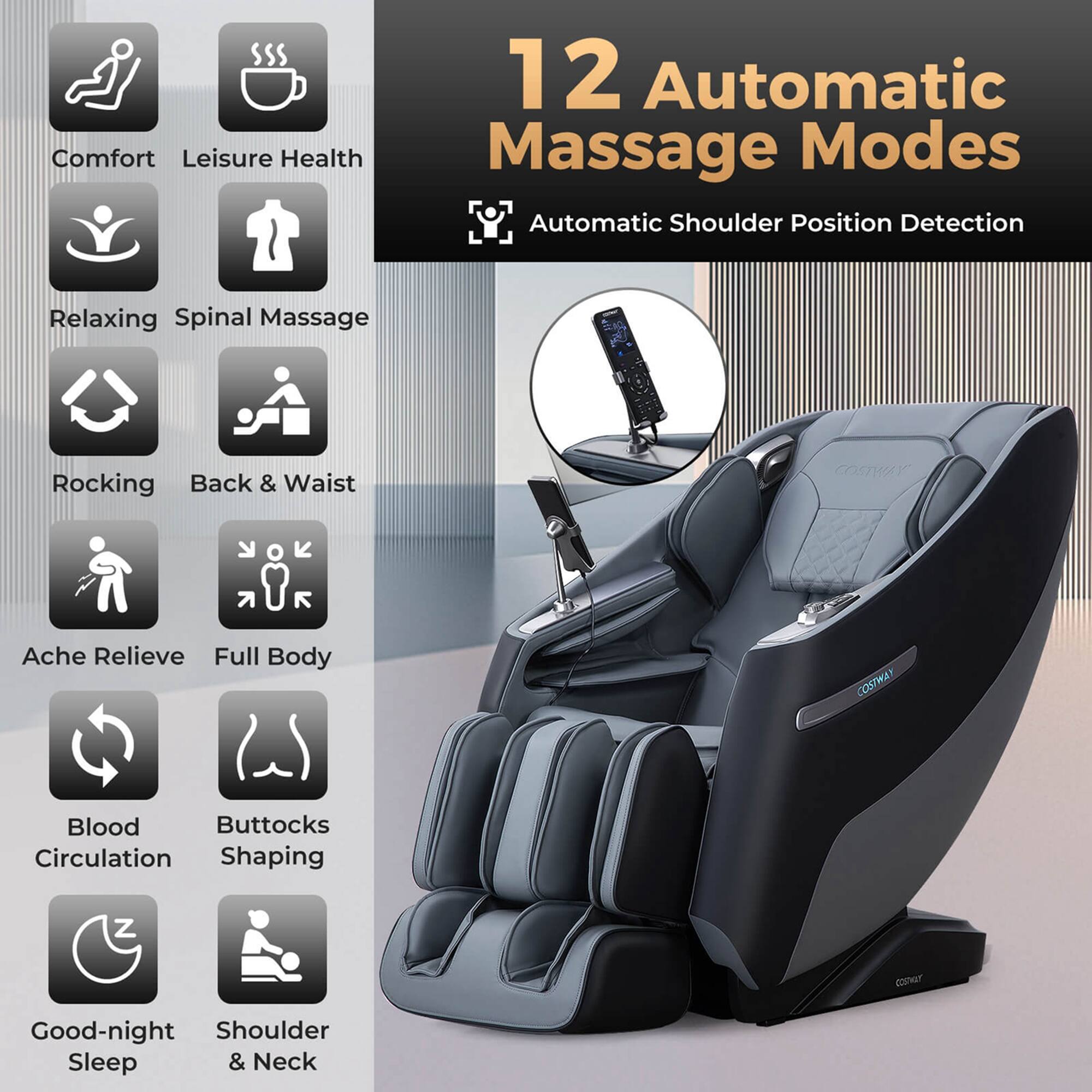 12 Automatic Massage Modes: Comfort, Leisure, Health, Automatic Shoulder Position Detection, Relaxing Spinal Massage, Rocking Back & Waist, Ache Relieve, Full Body, Blood Buttocks Circulation, Shaping, Good-night Shoulder, Sleep & Neck.