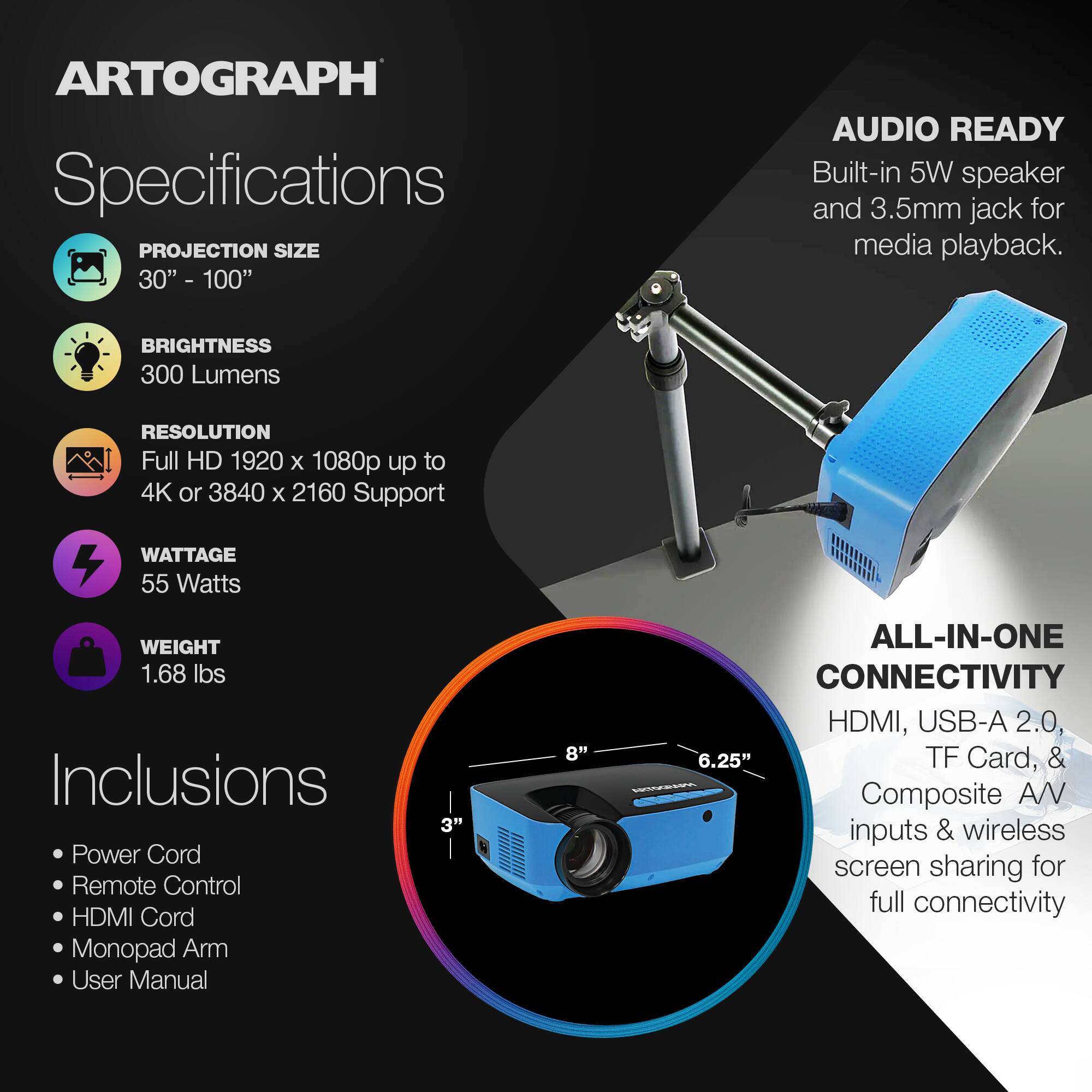 **ARTOGRAPH Specifications**

- **PROJECTION SIZE:** 30" - 100"
- **BRIGHTNESS:** 300 Lumens
- **RESOLUTION:** Full HD 1920 x 1080p up to 4K or 3840 x 2160 Support
- **WATTAGE:** 55 Watts
- **WEIGHT:** 1.68 lbs

**Inclusions:**
- Power Cord
- Remote Control
- HDMI Cord
- Monopad Arm
- User Manual

**AUDIO READY:**
- Built-in 5W speaker and 3.5mm jack for media playback.

**ALL-IN-ONE CONNECTIVITY:**
- HDMI, USB-A 2.0, TF Card, & Composite A/V inputs & wireless screen sharing for full connectivity