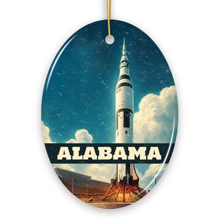 Front. OrnamentallyYou - Retro Alabama Rocket Launch Ornament, NASA Space Center Christmas Gift and Huntsville Souvenir - Multi-colored.