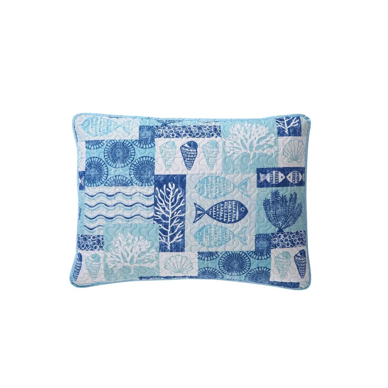Back. Hivvago - Full/Queen Aqua Blue Cream Beach Sea Shells Coral Fish Coastal 3-Piece Quilt Set - Aqua Blue Cream.