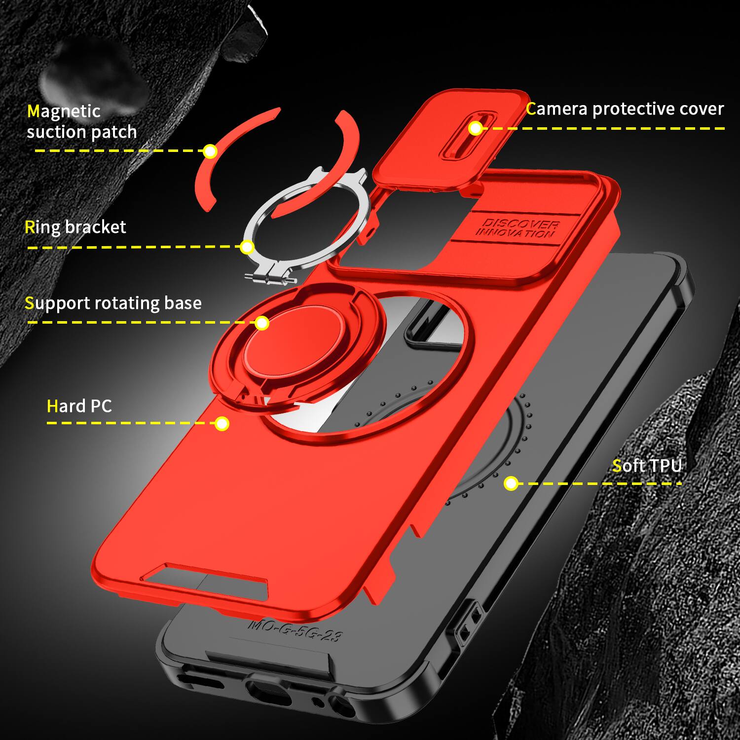 Magnetic suction patch  
Camera protective cover  
Ring bracket  
DISCOVER INNOVATION  
Support rotating base  
Hard PC  
Soft TPU  
MO-G-5G-23