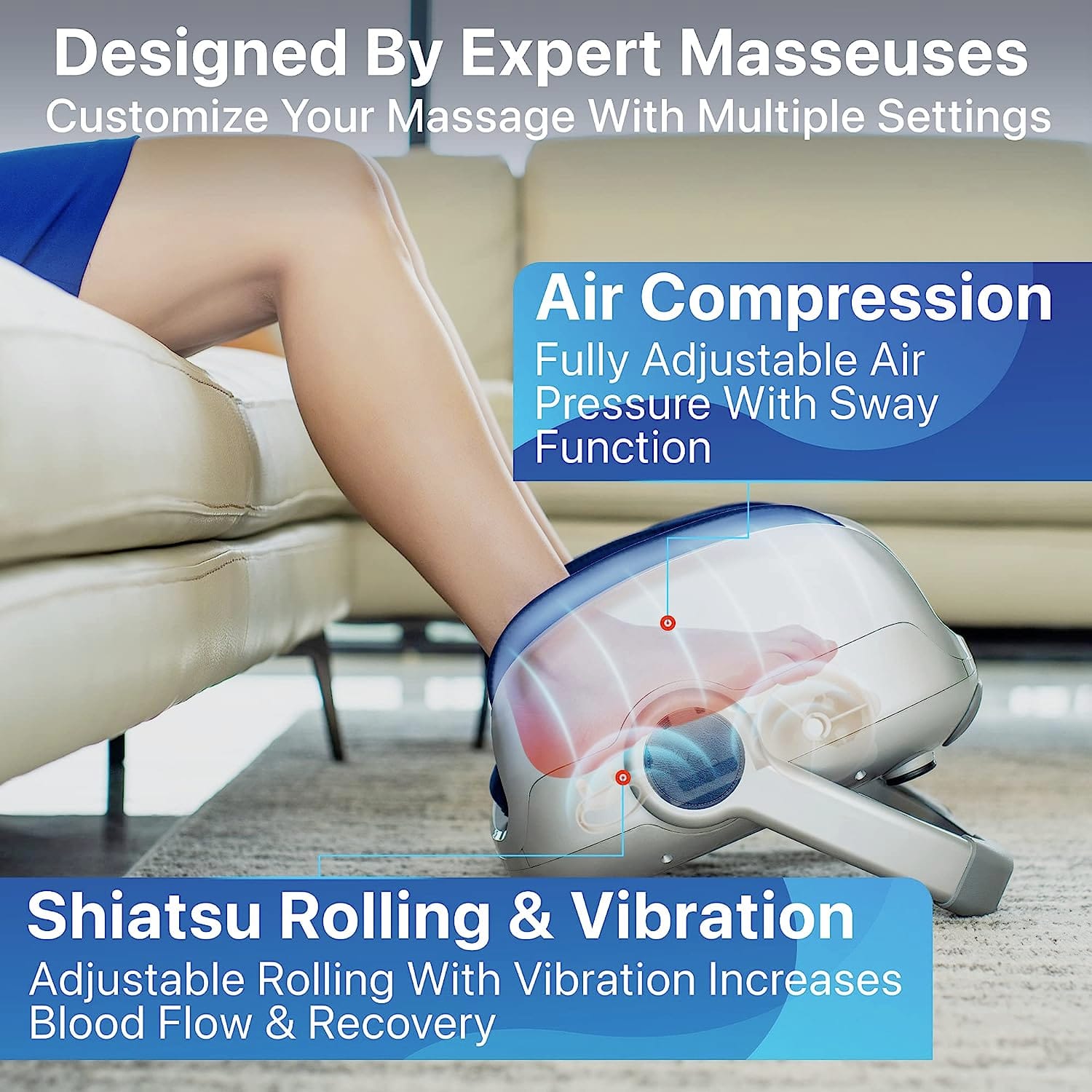 Designed By Expert Masseuses, Customize Your Massage With Multiple Settings, Air Compression, Fully Adjustable Air Pressure With Sway Function, Shiatsu Rolling & Vibration, Adjustable Rolling With Vibration Increases Blood Flow & Recovery