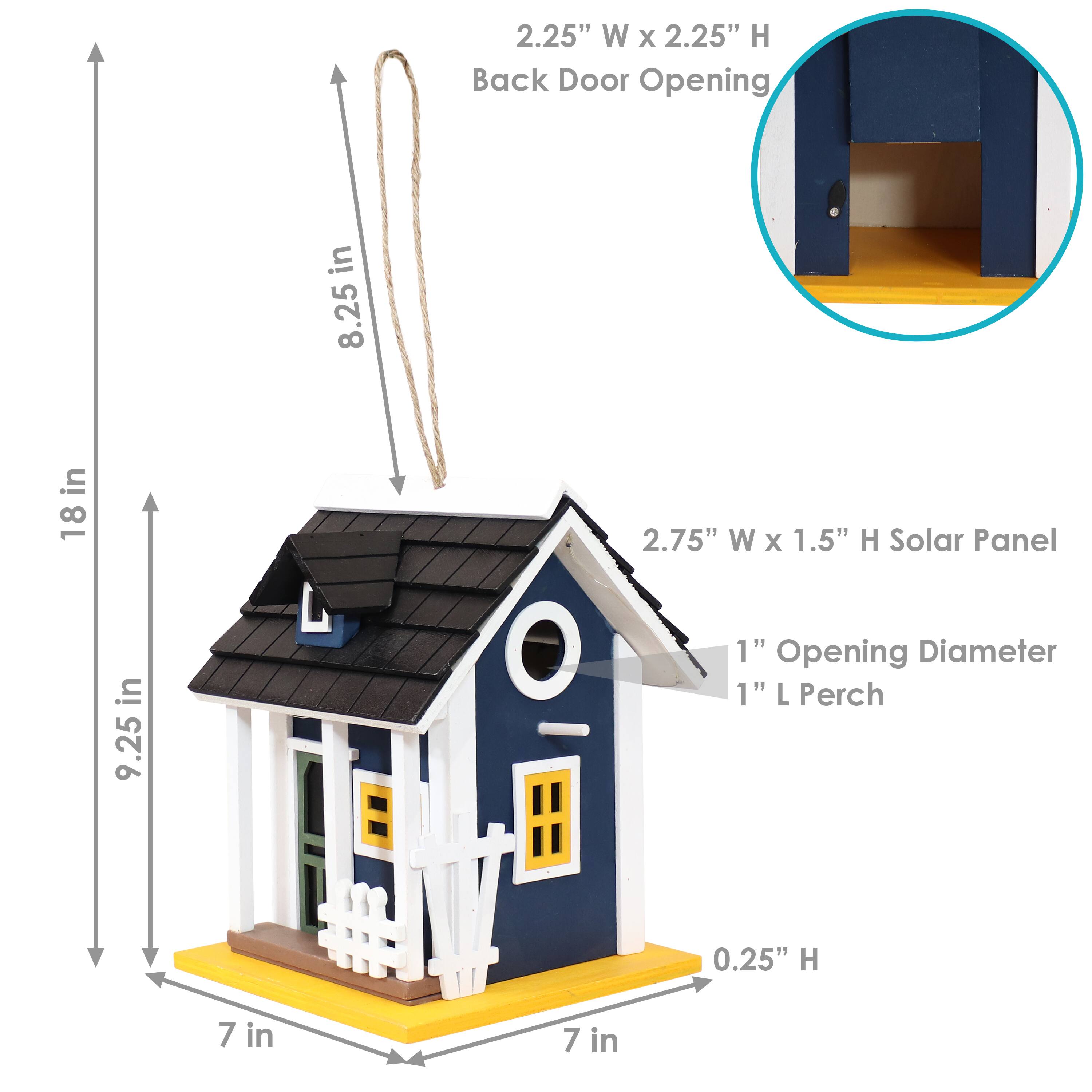 - 2.25" W x 2.25" H Back Door Opening
- 8.25" in height
- 2.75" W x 1.5" H Solar Panel
- 9.25" in height
- 1" Opening Diameter
- 1" L Perch
- 0.25" H
- 7" in width
- 7" in depth
- 18" in height